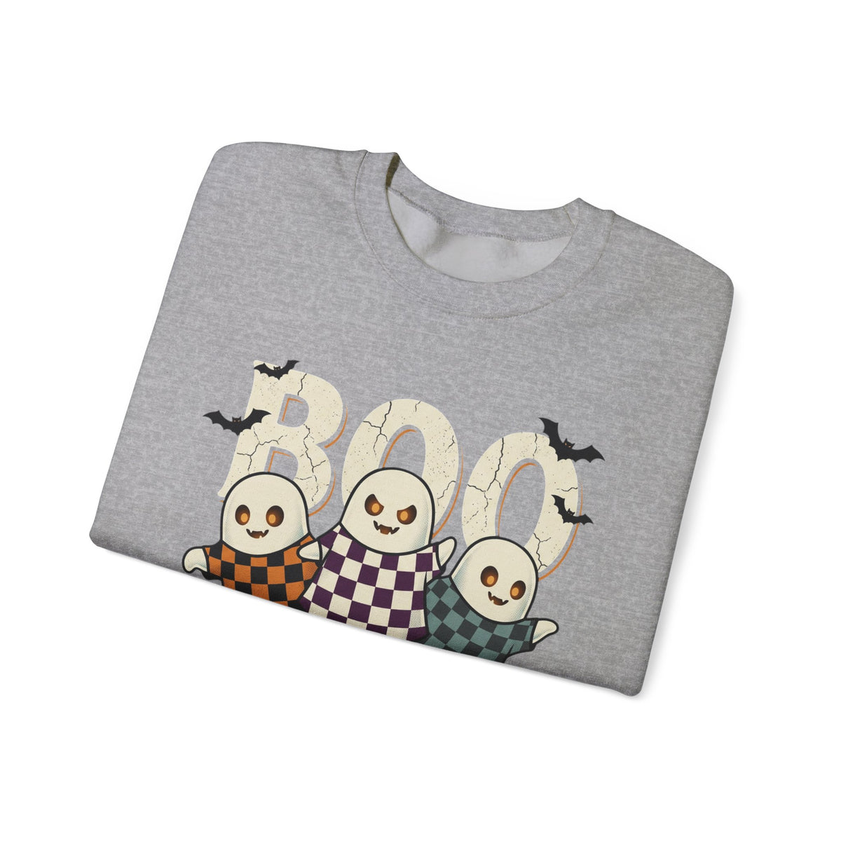 Halloween Ghosts Sweatshirt — Cute 'Boo' Trio with Pumpkins (Spooky Fall Crewneck)