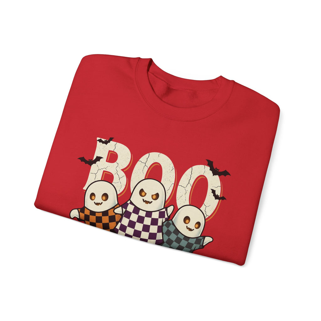 Halloween Ghosts Sweatshirt — Cute 'Boo' Trio with Pumpkins (Spooky Fall Crewneck)