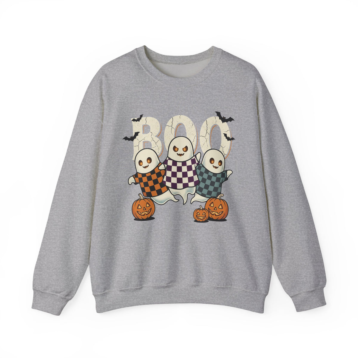 Halloween Ghosts Sweatshirt — Cute 'Boo' Trio with Pumpkins (Spooky Fall Crewneck)