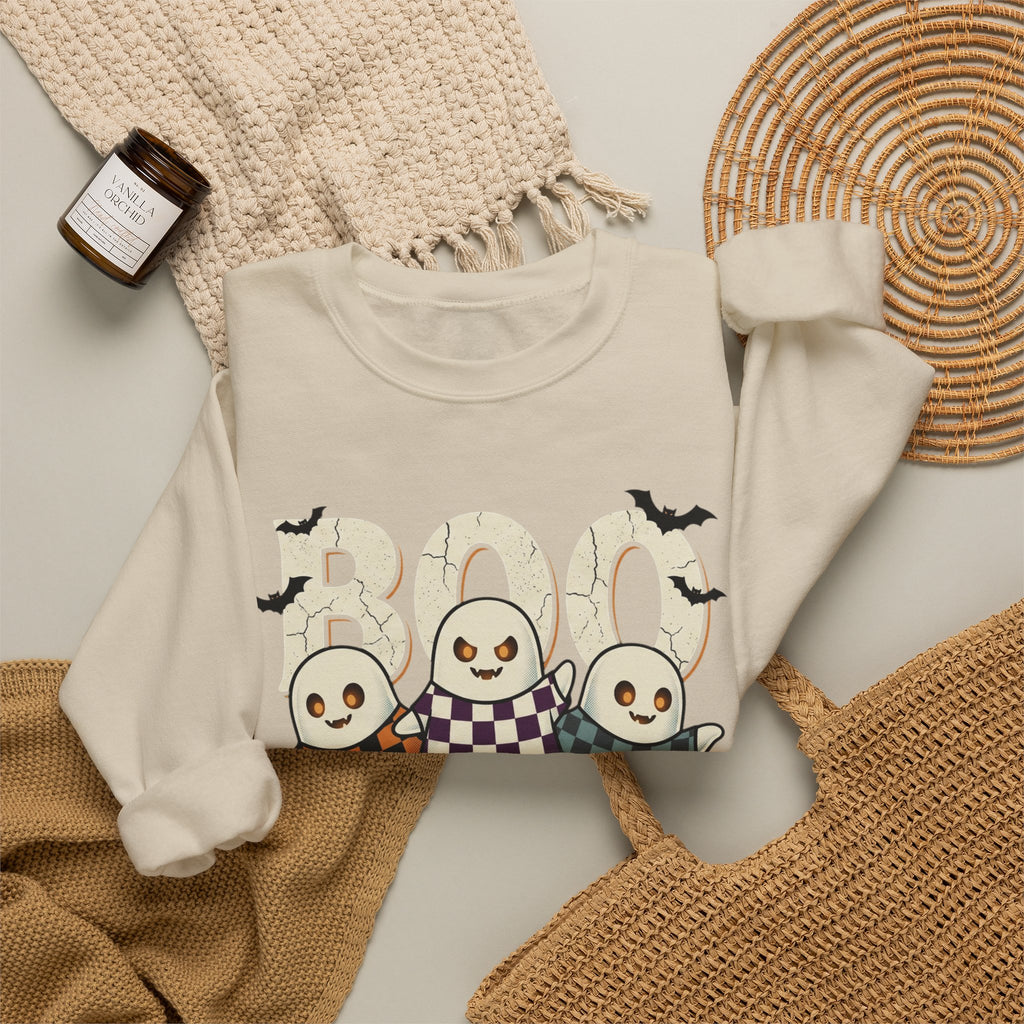 Halloween Ghosts Sweatshirt — Cute 'Boo' Trio with Pumpkins (Spooky Fall Crewneck)