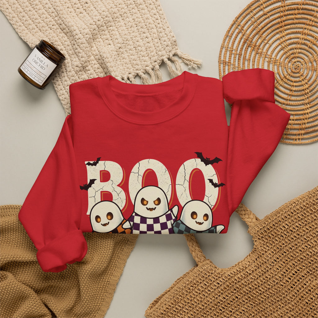 Halloween Ghosts Sweatshirt — Cute 'Boo' Trio with Pumpkins (Spooky Fall Crewneck)