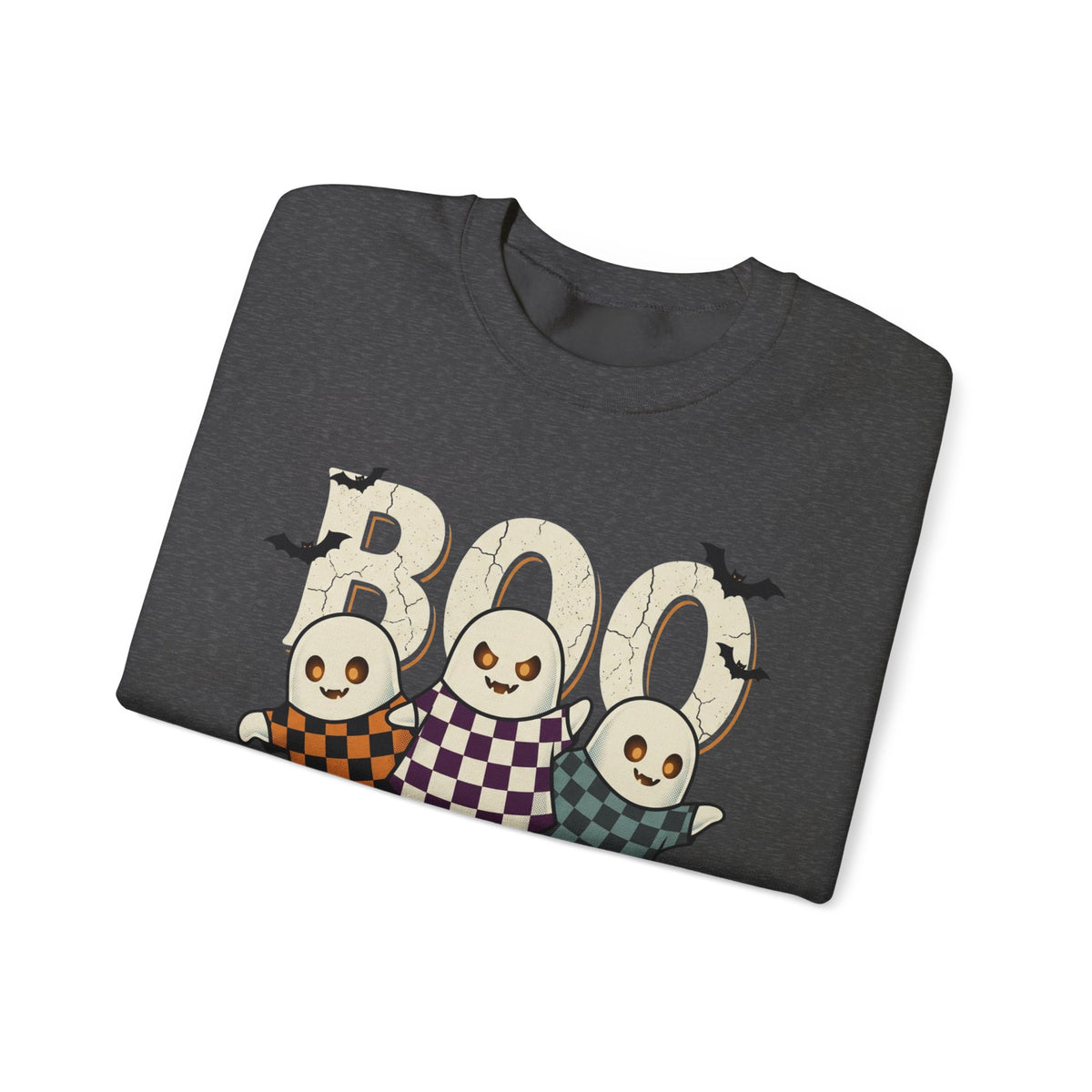 Halloween Ghosts Sweatshirt — Cute 'Boo' Trio with Pumpkins (Spooky Fall Crewneck)