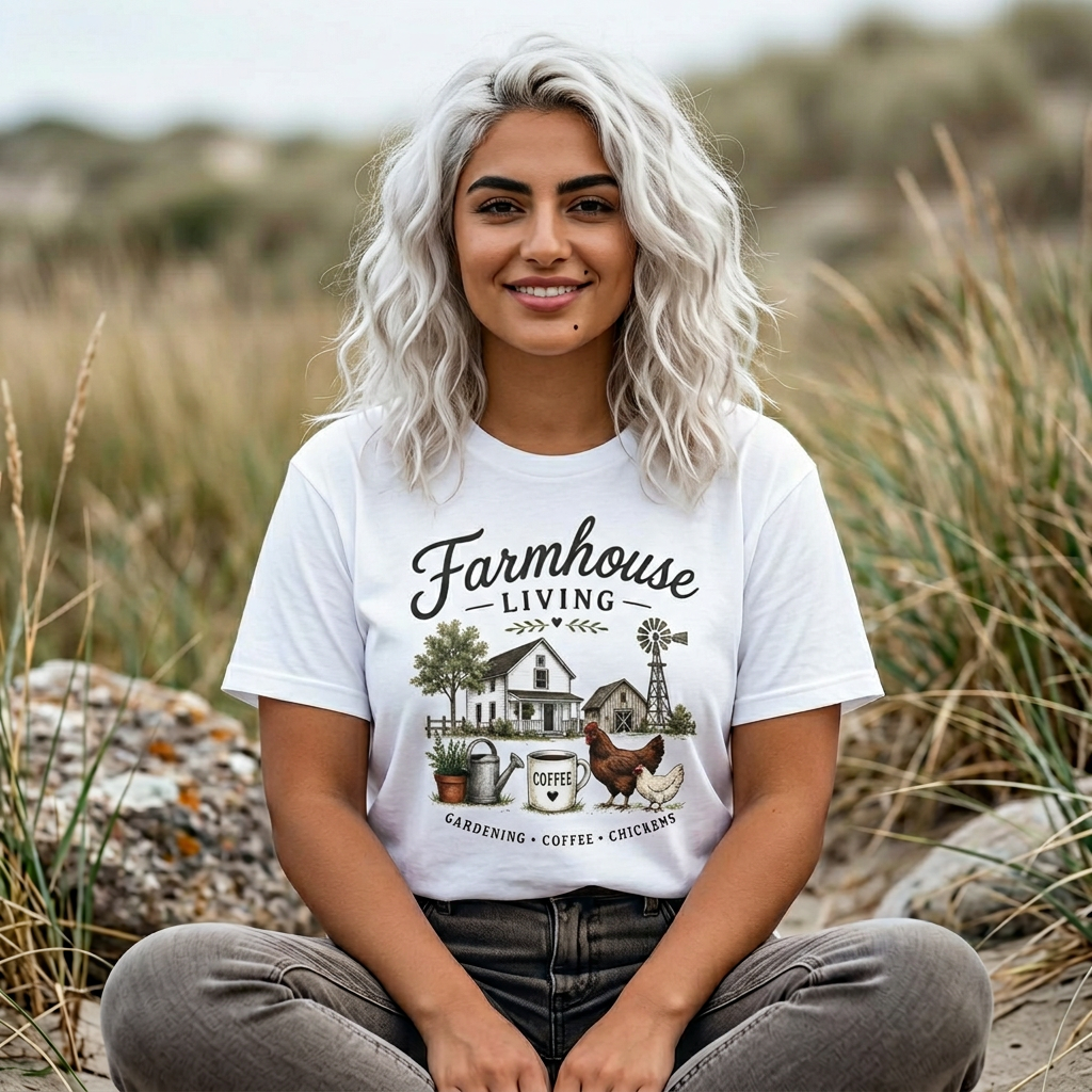 Farmhouse Living T-Shirt — Gardening, Coffee & Chickens Graphic Tee