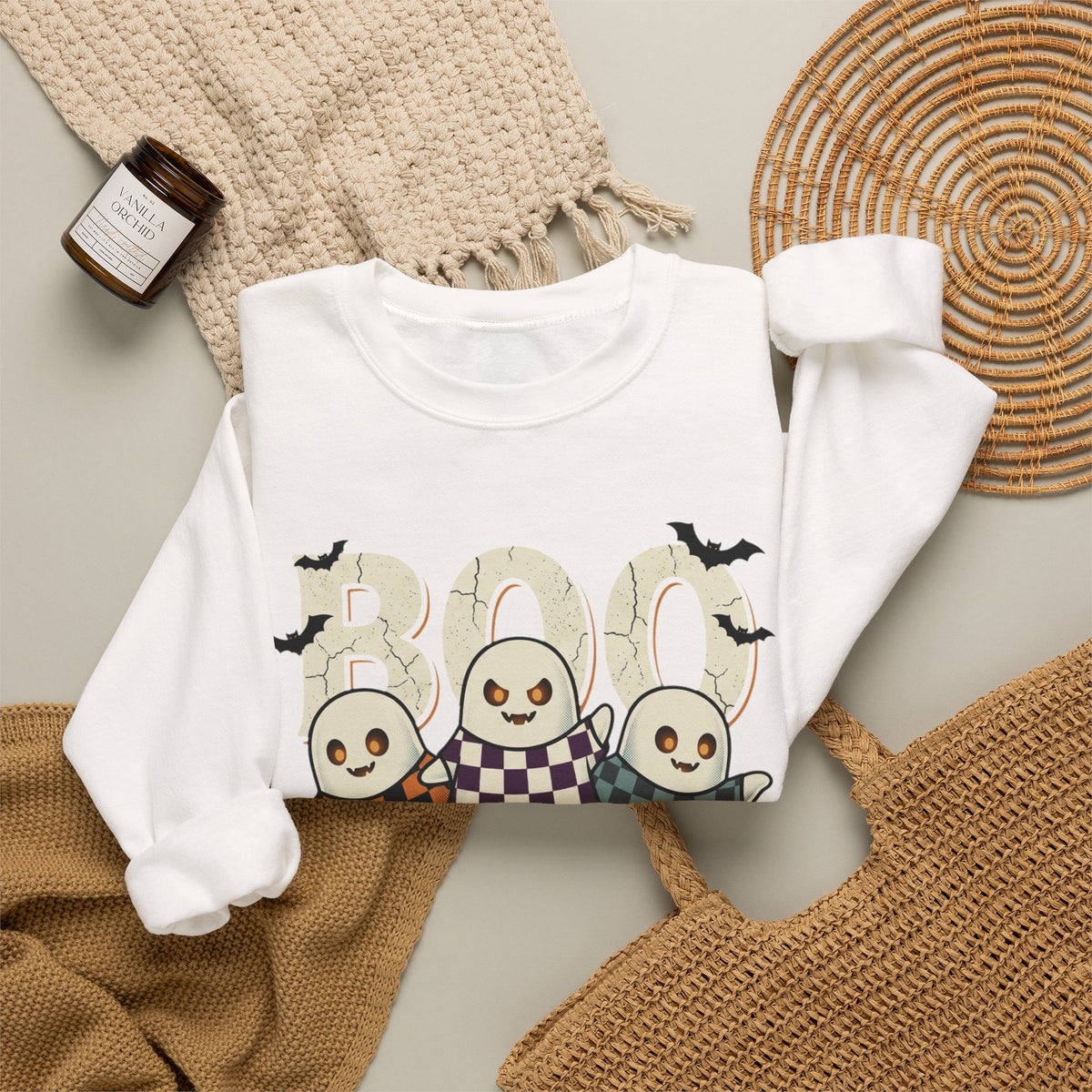 Halloween Ghosts Sweatshirt — Cute 'Boo' Trio with Pumpkins (Spooky Fall Crewneck)