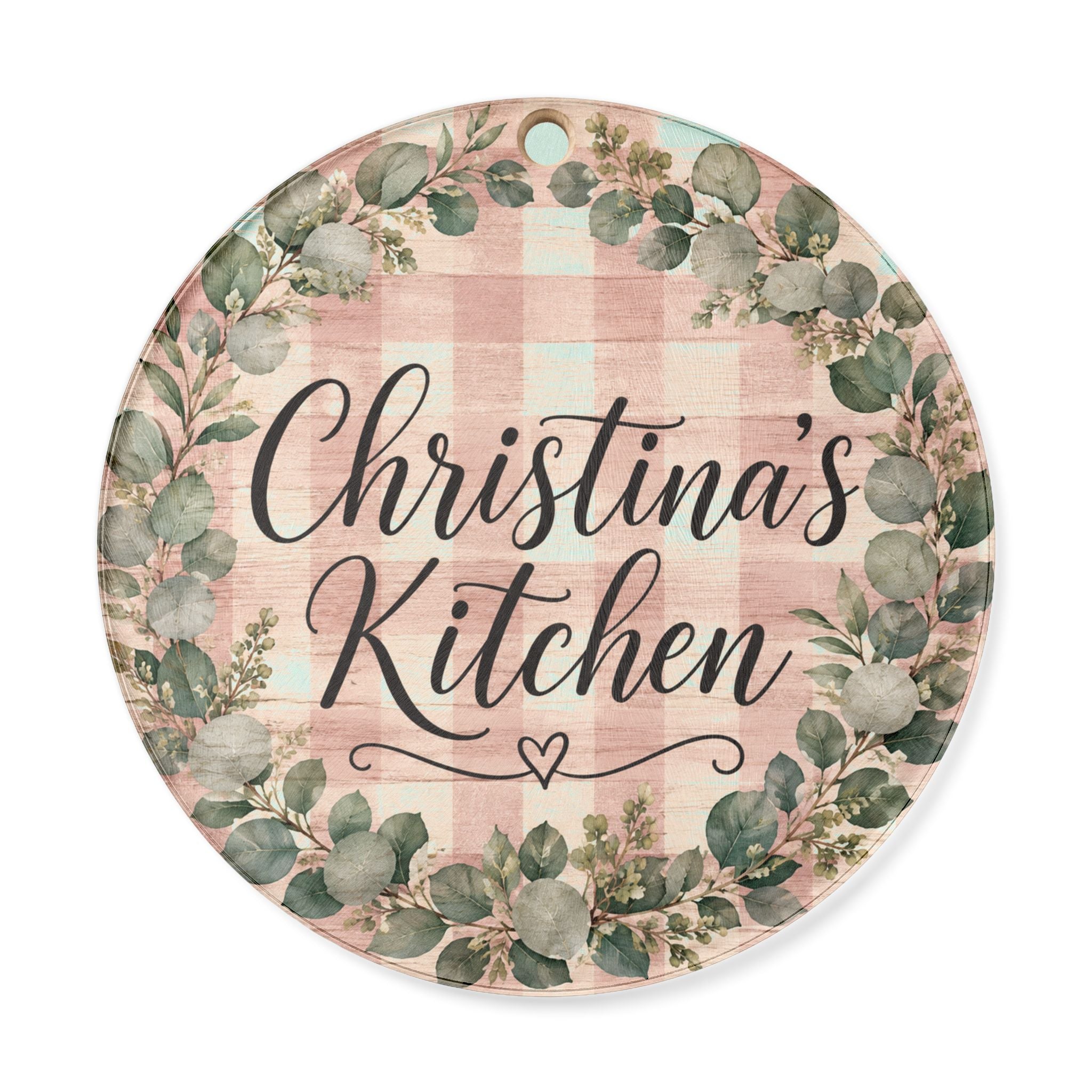 Personalized Round Cutting Board — "Christina's Kitchen" Floral Gingham Serving Board