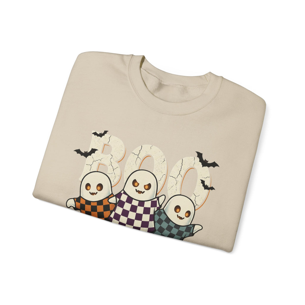 Halloween Ghosts Sweatshirt — Cute 'Boo' Trio with Pumpkins (Spooky Fall Crewneck)