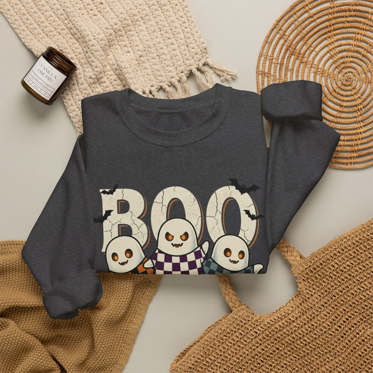 Halloween Ghosts Sweatshirt — Cute 'Boo' Trio with Pumpkins (Spooky Fall Crewneck)