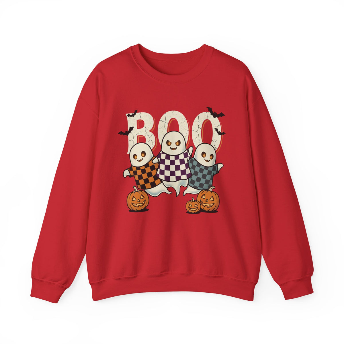Halloween Ghosts Sweatshirt — Cute 'Boo' Trio with Pumpkins (Spooky Fall Crewneck)