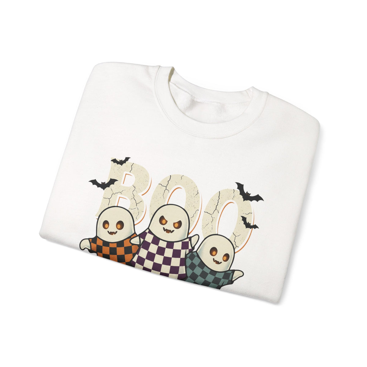 Halloween Ghosts Sweatshirt — Cute 'Boo' Trio with Pumpkins (Spooky Fall Crewneck)