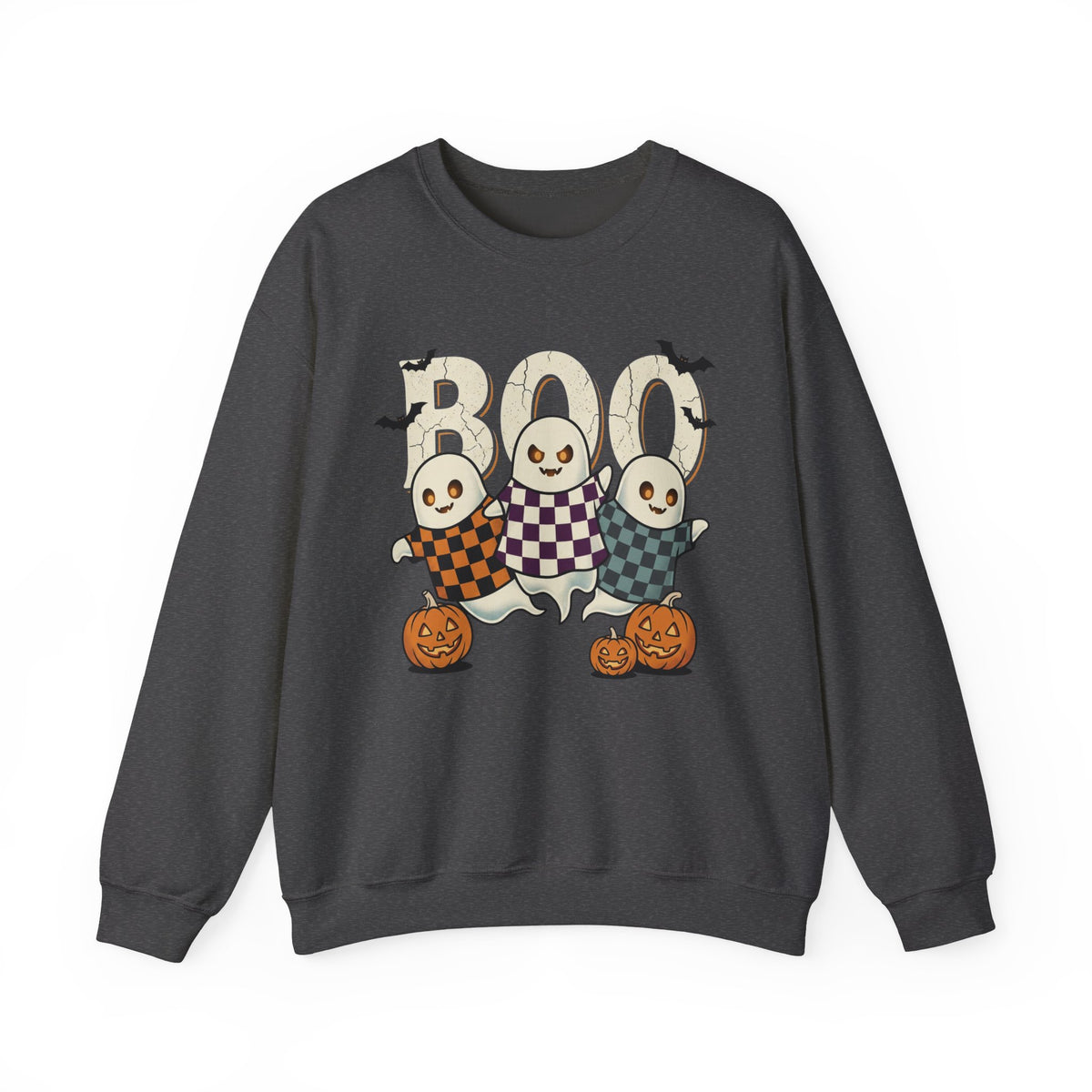 Halloween Ghosts Sweatshirt — Cute 'Boo' Trio with Pumpkins (Spooky Fall Crewneck)