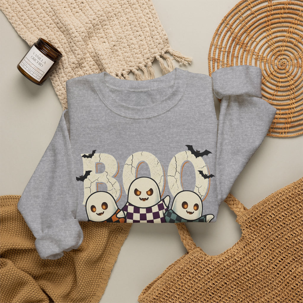 Halloween Ghosts Sweatshirt — Cute 'Boo' Trio with Pumpkins (Spooky Fall Crewneck)