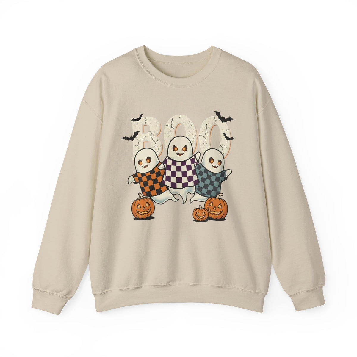 Halloween Ghosts Sweatshirt — Cute 'Boo' Trio with Pumpkins (Spooky Fall Crewneck)